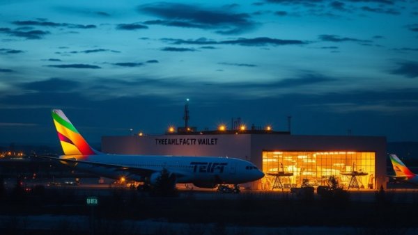 Night view of airplane factory from hotel room.
