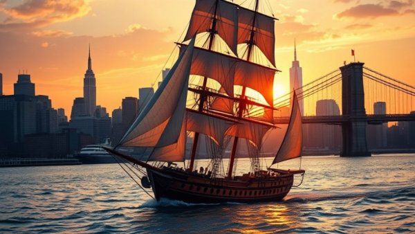 Vintage sailing ship in NYC parade with Brooklyn Bridge, July 4.