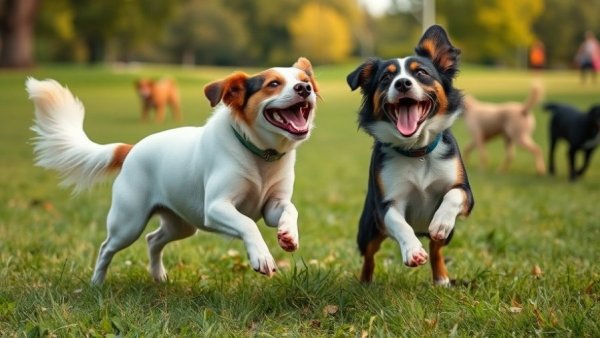 Dogs playing in park, ensuring your pet's safety in group settings.
