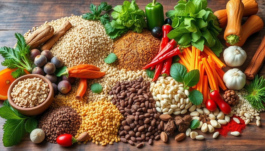 Assortment of colorful nutrient-rich foods on a wooden table.