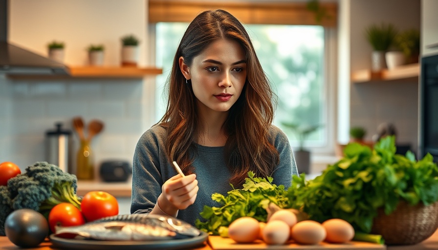 Woman contemplating foods to get an hourglass figure in modern kitchen.