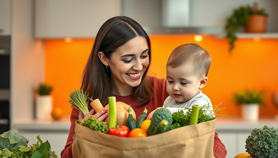 Mother and baby exploring healthy groceries in a kitchen.