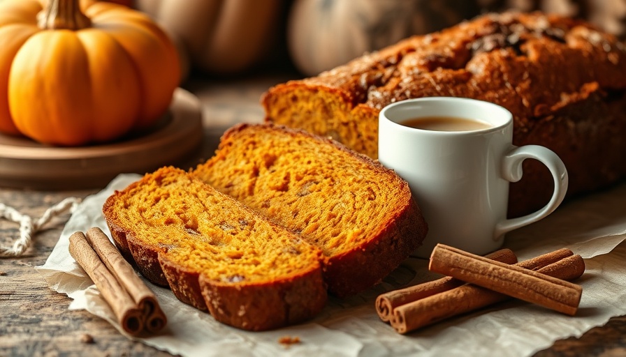 Healthy pumpkin bread recipe with sliced bread and coffee.