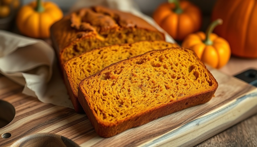 Freshly sliced healthy pumpkin bread with small pumpkins.