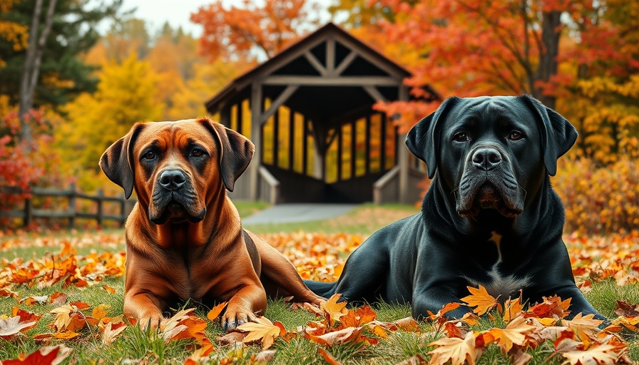 Pet-friendly travel New England: Two large dogs in autumn landscape.