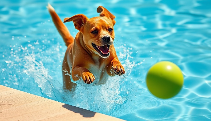 Energetic brown dog learning to swim by jumping into pool.