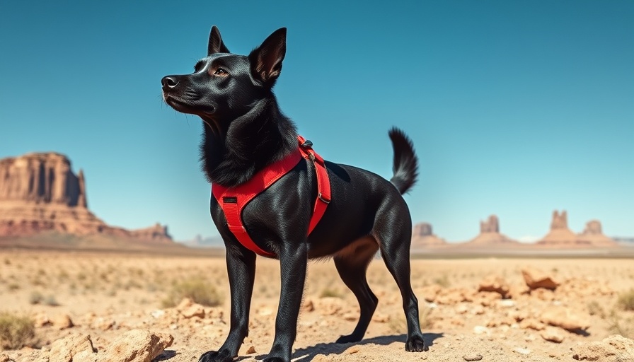 Black dog in red harness hiking in desert landscape