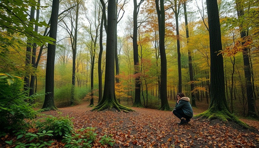 Woman in peaceful forest clearing reminiscent of a cat and dog rescue setting.