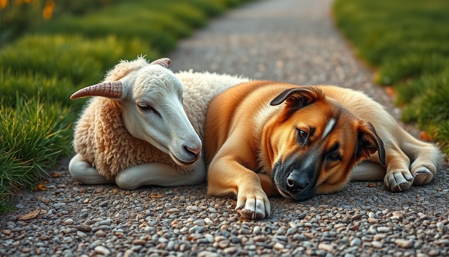 A sheep and a dog relaxing together on a gravel path.