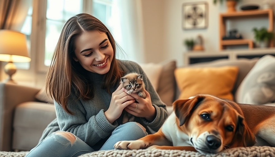 Young woman with a kitten and dog, pet emergency preparedness.