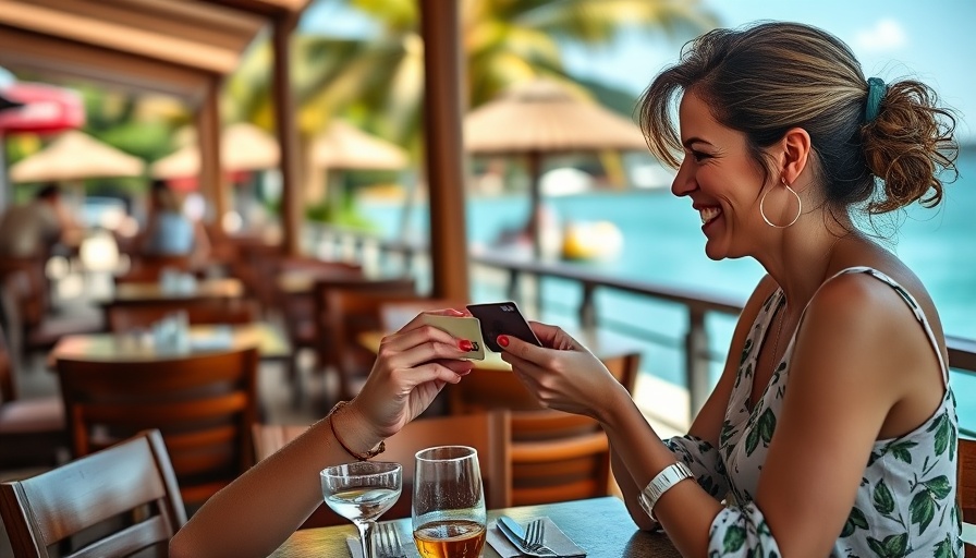 Woman comparing premium and mid-tier credit cards by the seaside.