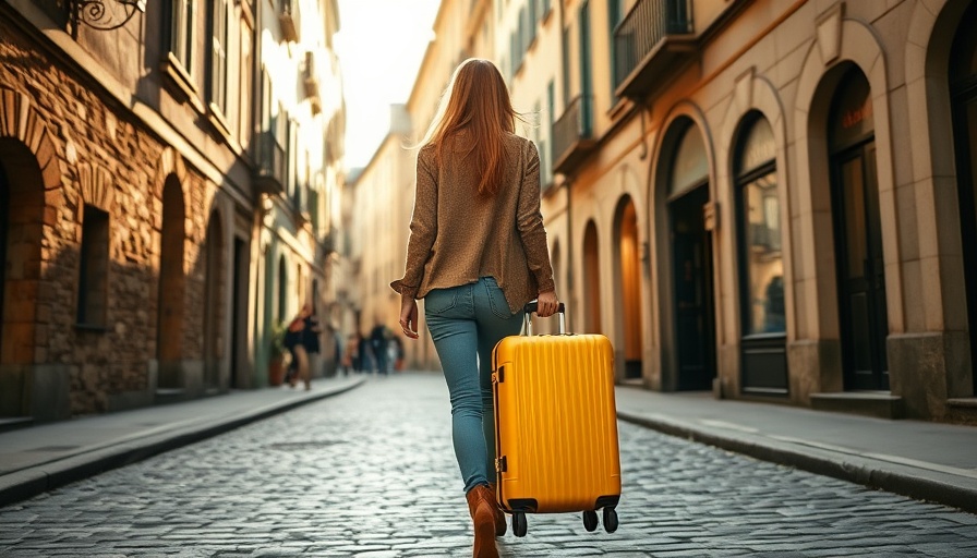 Young woman traveling with suitcase in historic city, promoting luxury travel.
