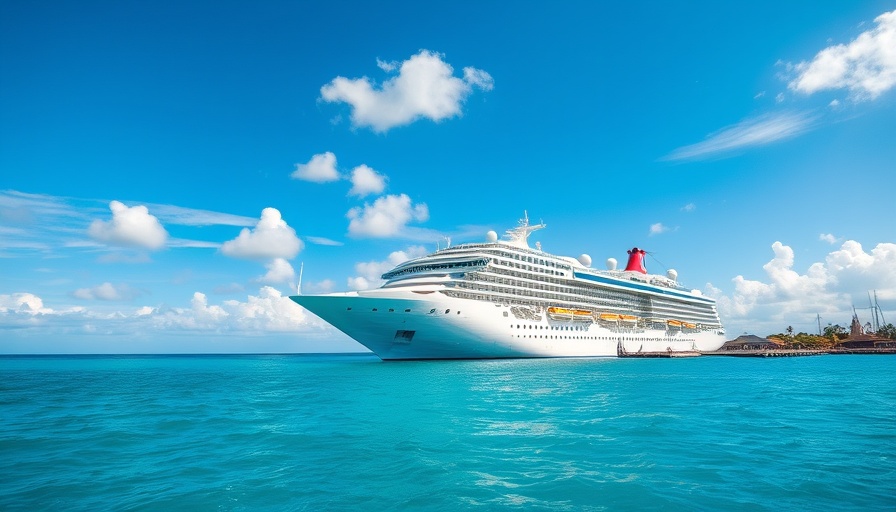 Docked cruise ship in tropical harbor, clear blue sky.