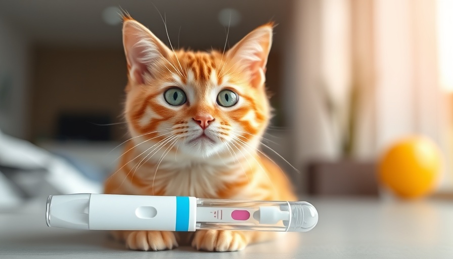Ginger cat beside test strip with text about feline chronic kidney disease.