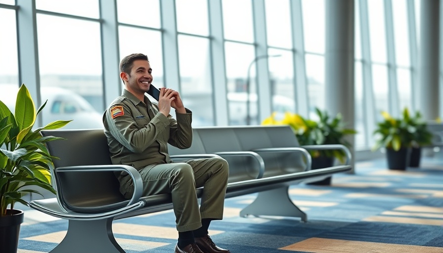 Military personnel sitting in airport, using phone, natural lighting.