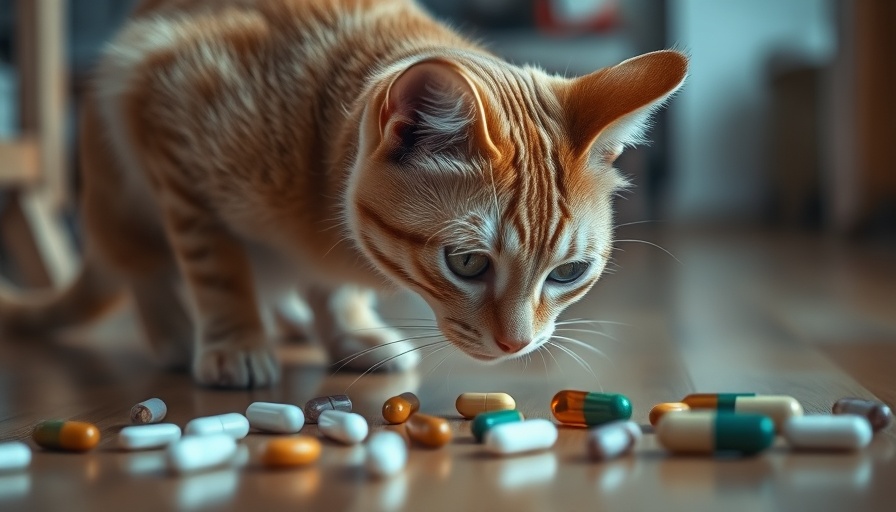 NSAIDs harm pets: Cat intrigued by pills on floor, indoor warning