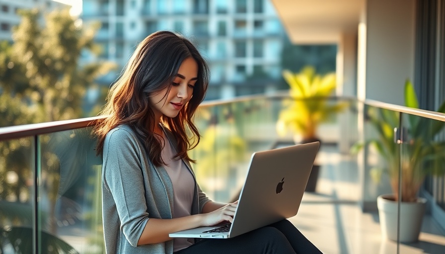 Young woman using laptop on balcony amid Emirates Skywards and Marriott Bonvoy partnership buzz.