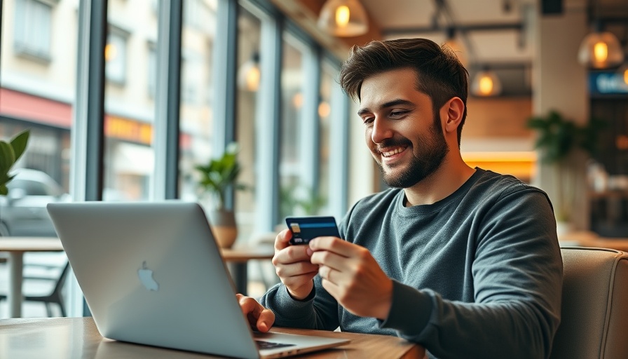 Young man using credit card in cafe for Bilt Rewards program.