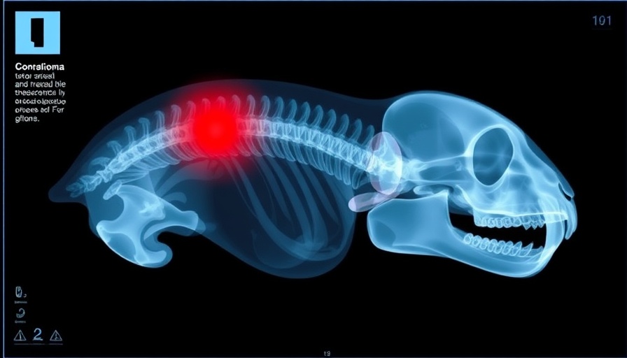 X-ray of dog's skull showing highlighted meningioma, educational warning.