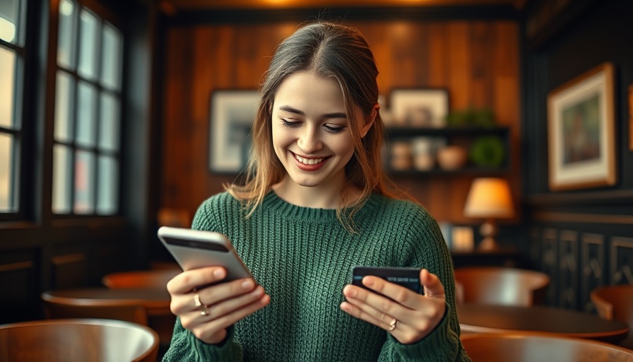 Young woman checking phone with credit card, indoor cozy setting.