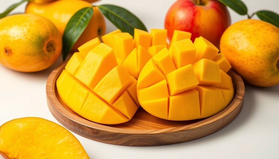 Sliced mangoes on tray, examining pet health benefits.
