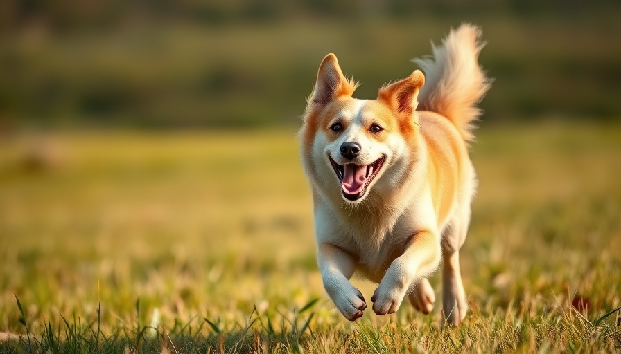 Happy senior dog running joyfully in a grassy field.
