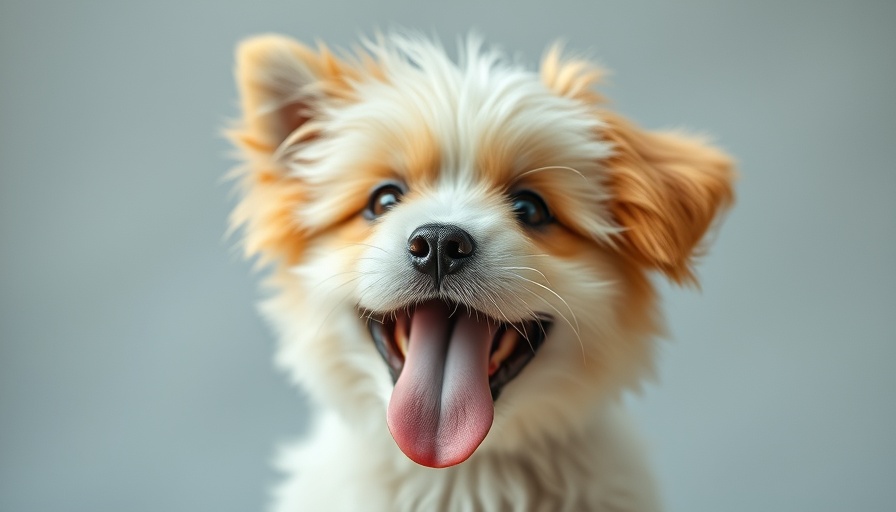 Fluffy dog with hanging tongue syndrome and curious pose.