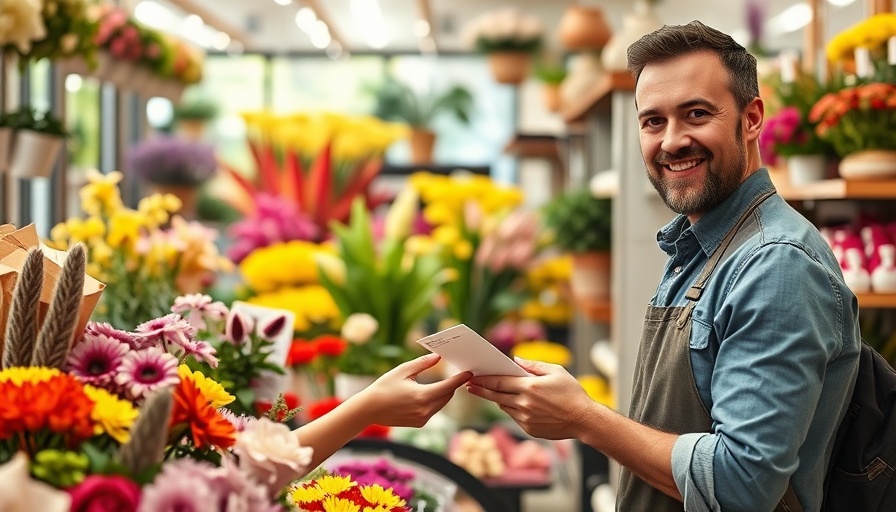 Friendly shopkeeper in a floral shop interacting with a happy customer.