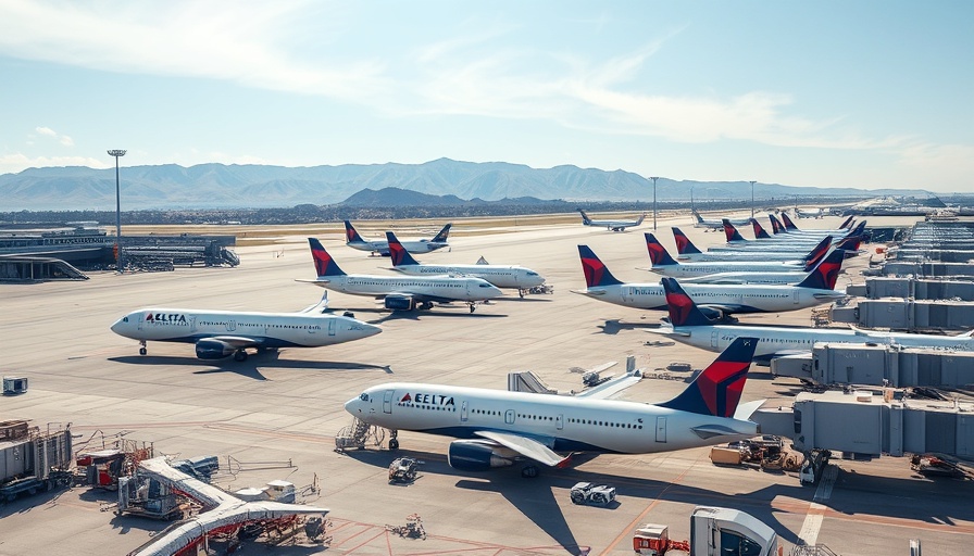 Delta Airlines jets parked at terminal with mountain backdrop.