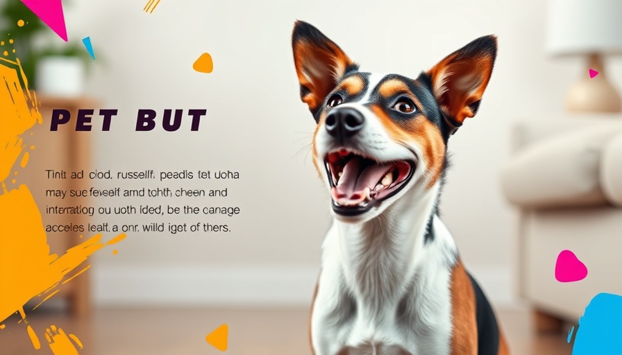 Happy dog with pet health tips graphic background.