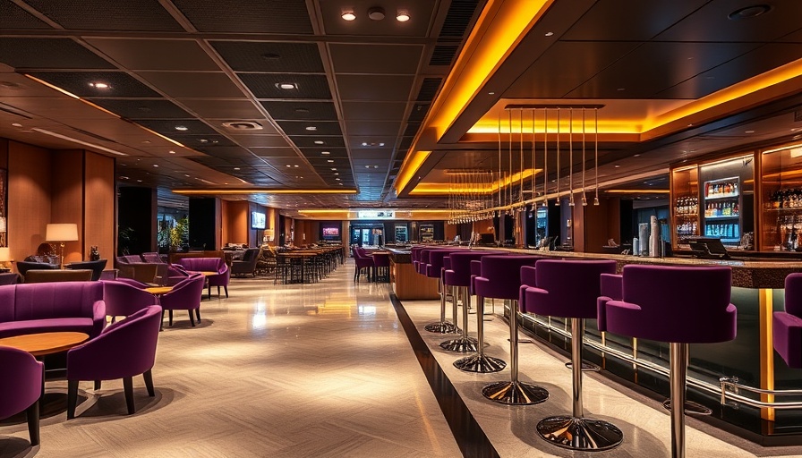 Elegant airport lounge interior with premium bar seating.