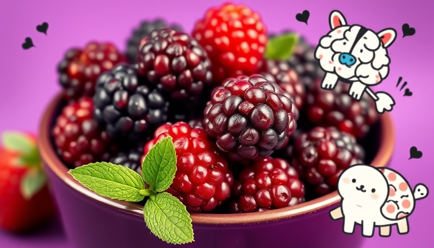 Juicy blackberries with playful pets on purple background, highlighting health benefits for pets.