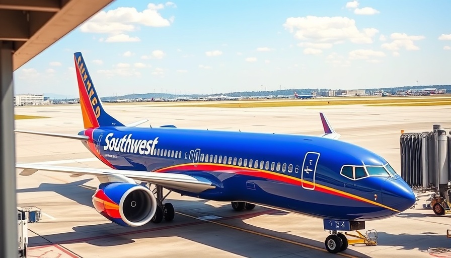 Southwest Airlines plane parked at gate under clear blue sky.