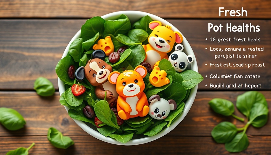 Vibrant spinach bowl with cartoon animals, pet health spinach benefits.