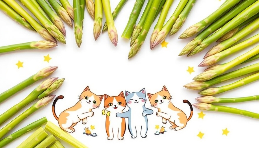 Asparagus for Pets: Fresh asparagus with cartoon cats, superfood theme.