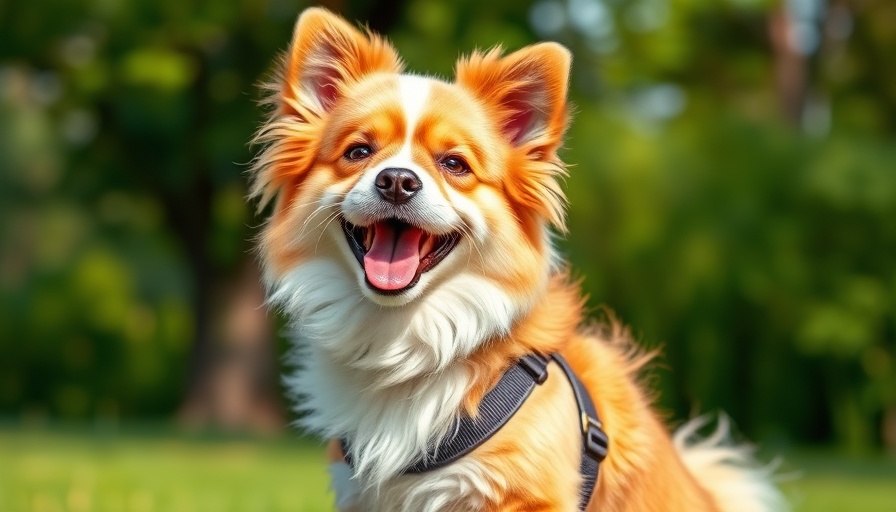 Cheerful fluffy dog with harness ready for a walk in a park.