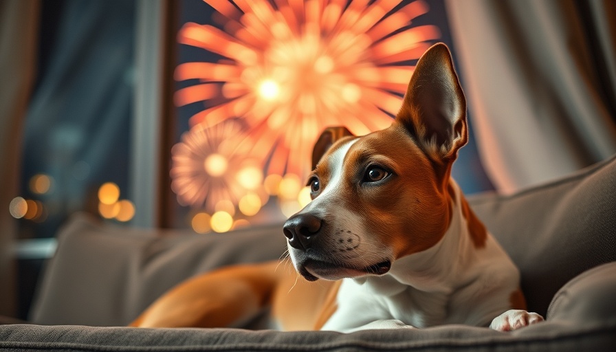 Alert dog on sofa during fireworks, Fourth of July setting.