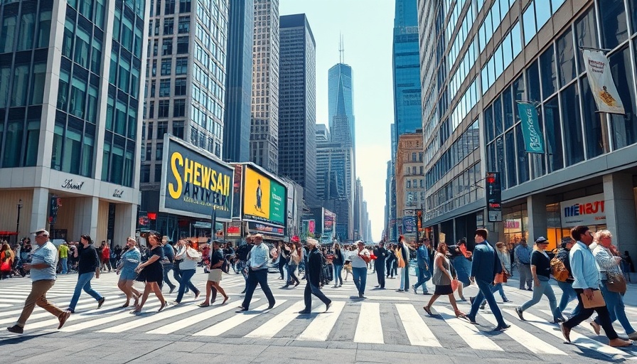 Vibrant cityscape ideal for car-free living with bustling street.