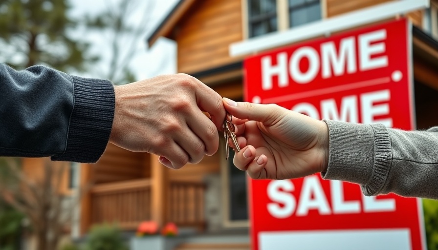 Hands exchanging keys in front of 'home for sale' sign, selling a house.