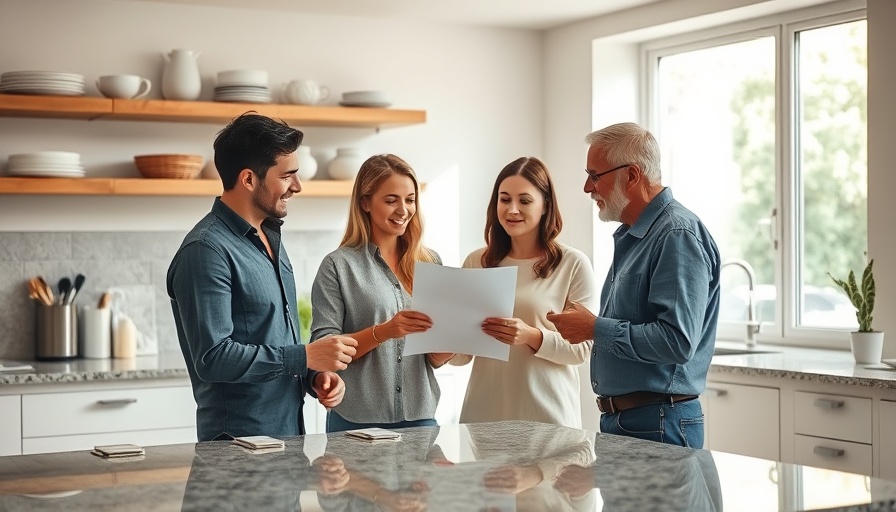 Three people in a modern kitchen discussing home warranty options.