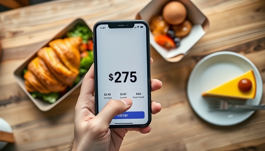 Smartphone showing payment app among breakfast foods, premium business credit card.