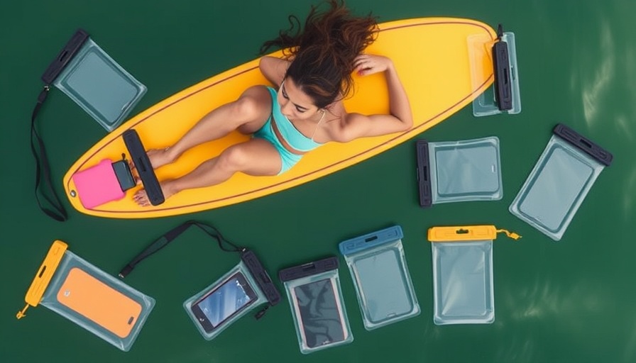 Best waterproof phone pouches displayed alongside surfer on a board.