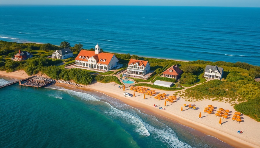 Aerial view of Montauk beach resort in New York with orange umbrellas.