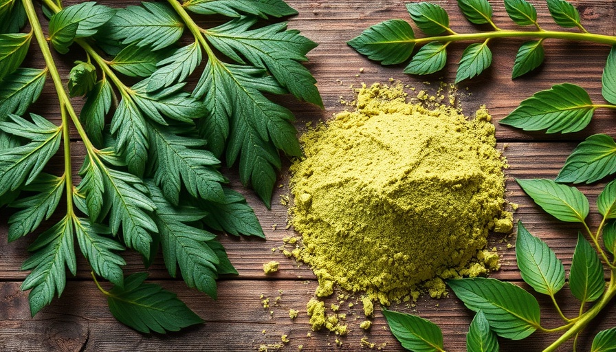 Vibrant moringa leaves and powder on rustic wood surface promoting pets' health.