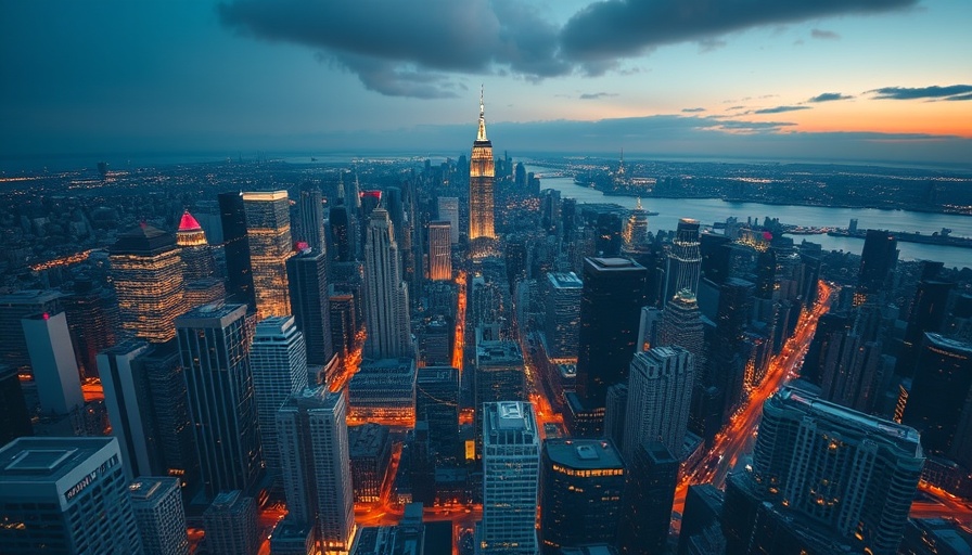 Aerial view of a city skyline with numerous skyscrapers at sunset, showcasing vibrant urban energy.