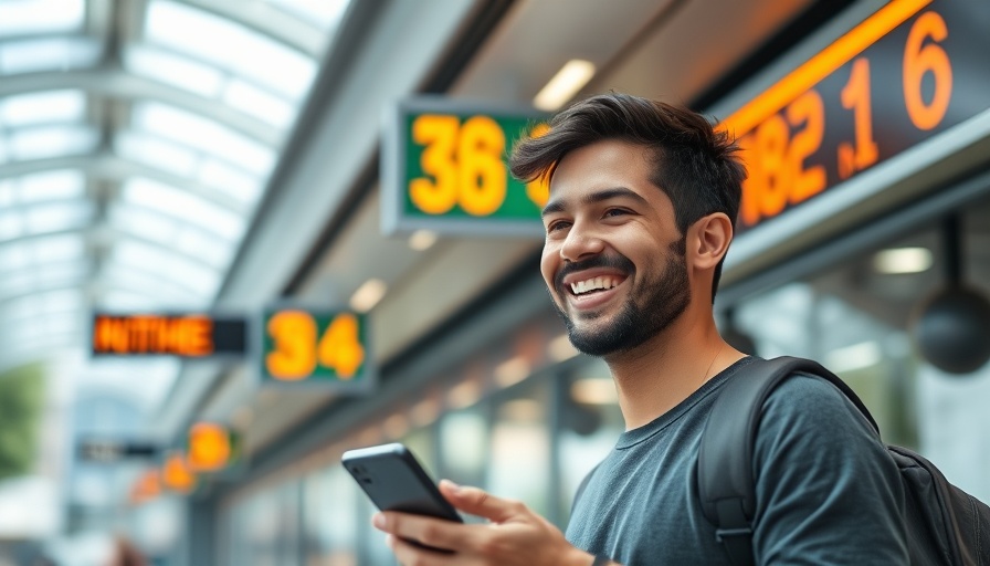 Smiling man at bus station holding phone, representing Uber One membership benefits.