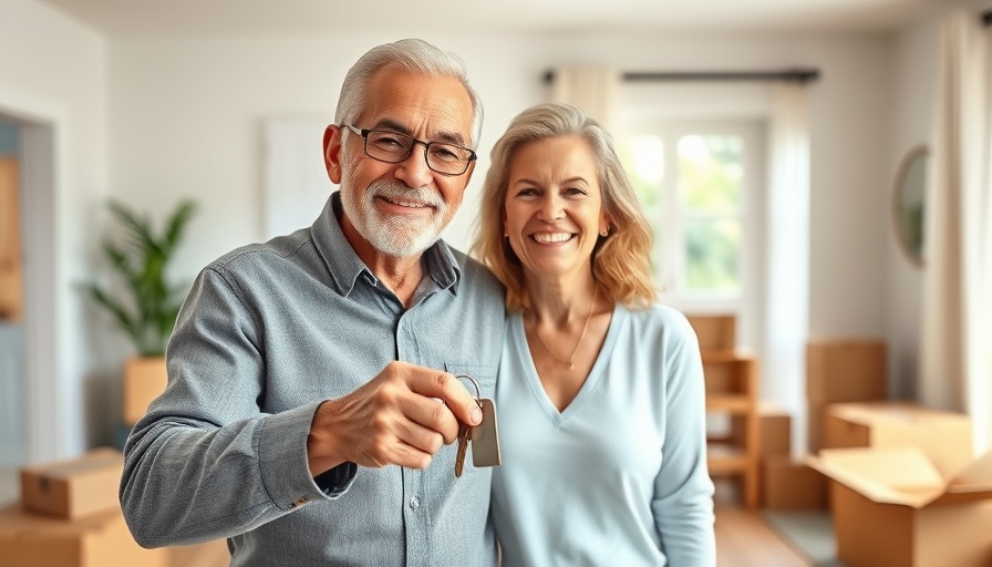 Happy older couple embracing with house keys, representing retirement migration trends.