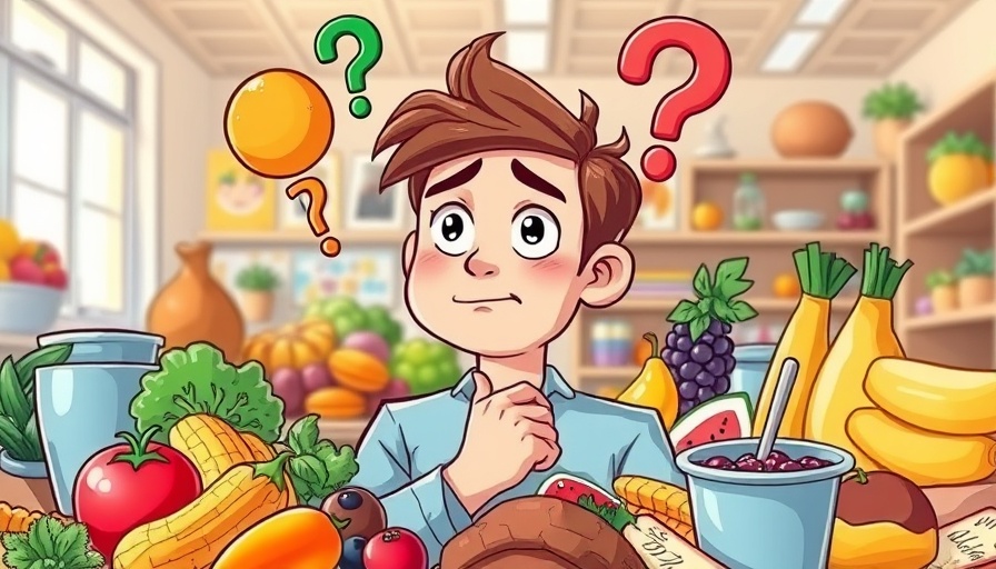 Illustration of person confused by nutrition myths with foods and question marks.