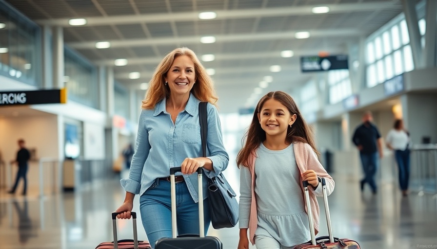 Mother and daughter walking in airport with luggage.