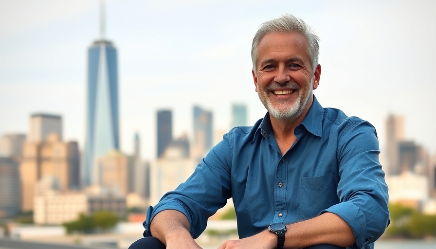 Smiling man with city skyline, related to personal finances.